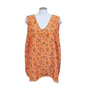 Womens Plus Size Orange Ditsy Floral Top 3X Sleeveless Tank V Neck Lightweight